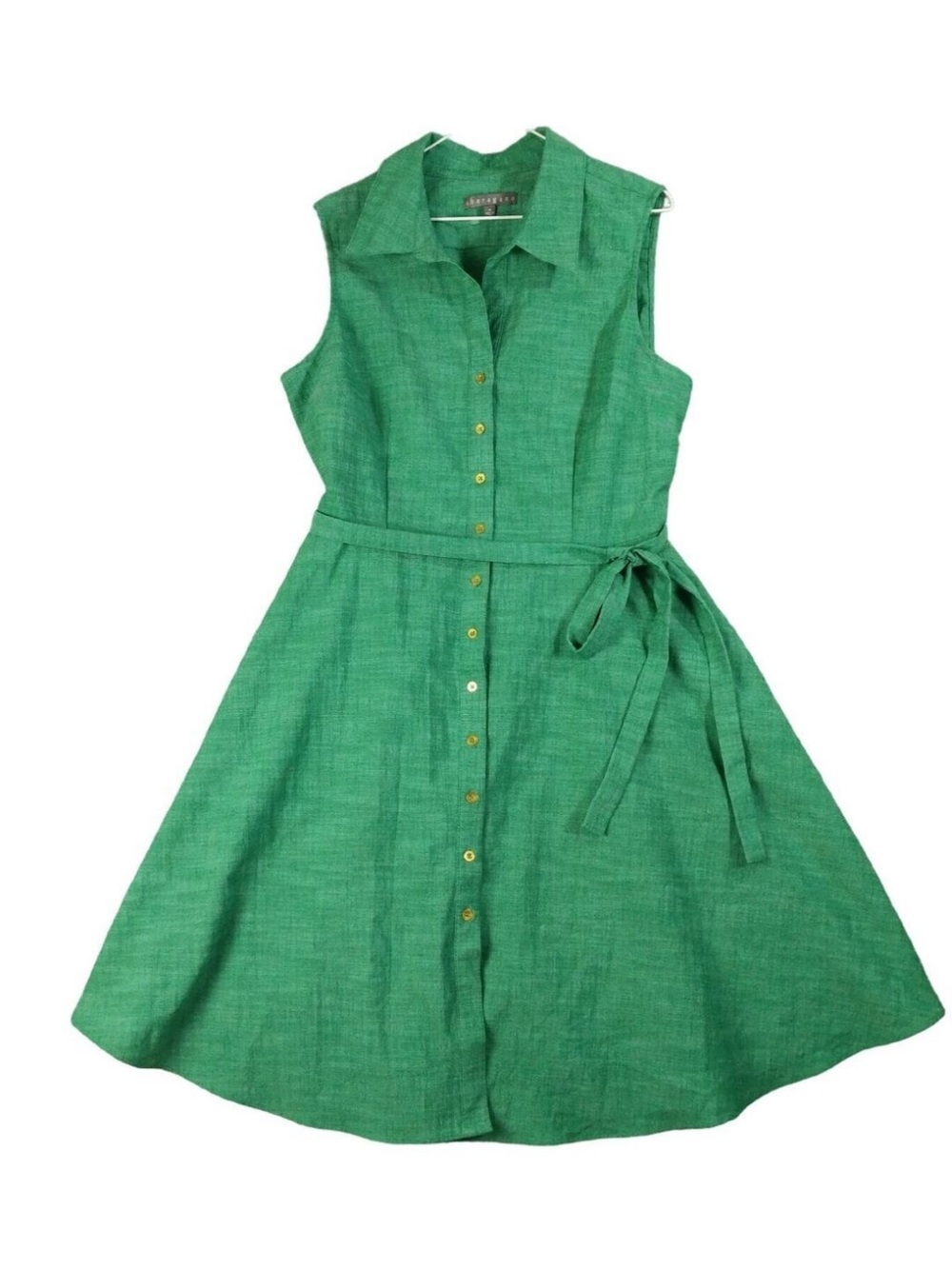 Sharagano Sleeveless Green Button-Front Shirt Dress with Tie Waist